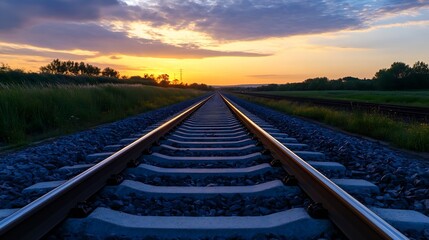 Fototapeta premium Scenic sunset views over railway tracks stretching into the horizon surrounded by lush green fields : Generative AI