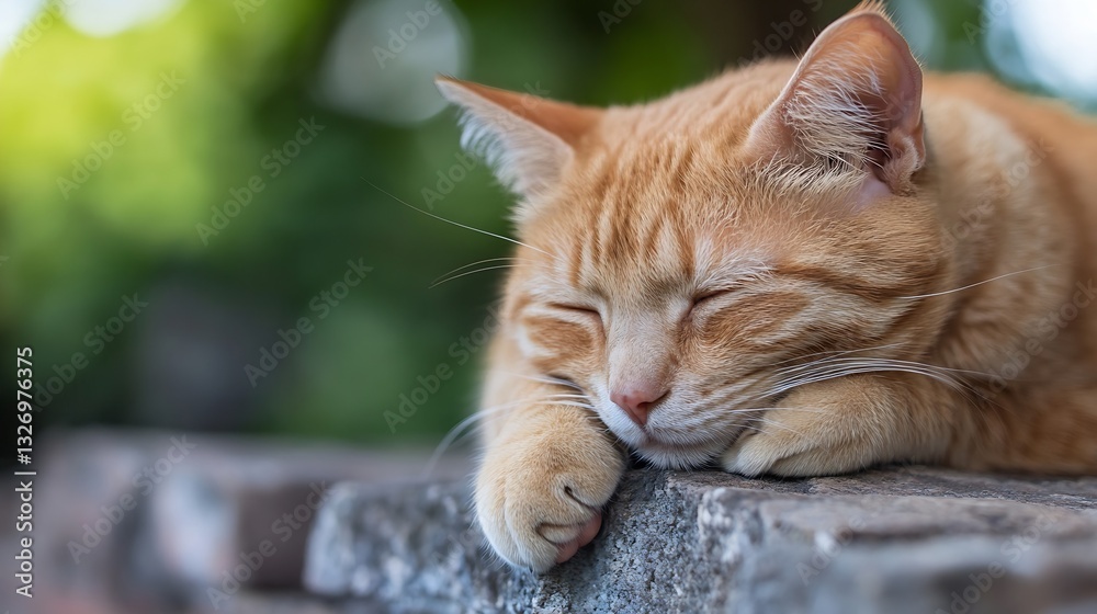 Poster charming ginger cat resting peacefully with eyes closed on a stone wall in a serene environment : ge