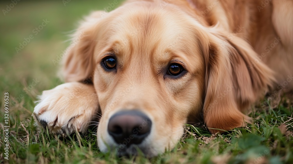 Poster A close up of a golden retriever dog resting its head on the grass looking calm and relaxed in a sunny environment : Generative AI