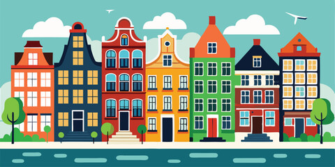Colorful and bright Amsterdam, dutch city s houses set on white background