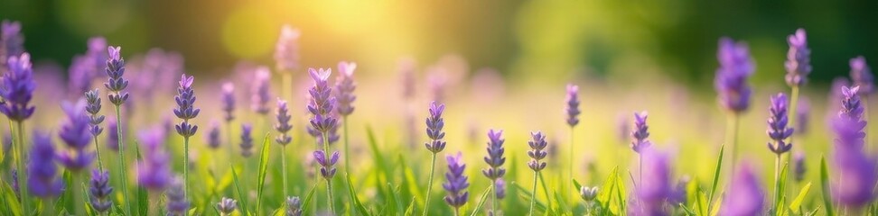 Obraz premium Soft focus summer meadow, lavender blooms, sunlit grass, calming, scene