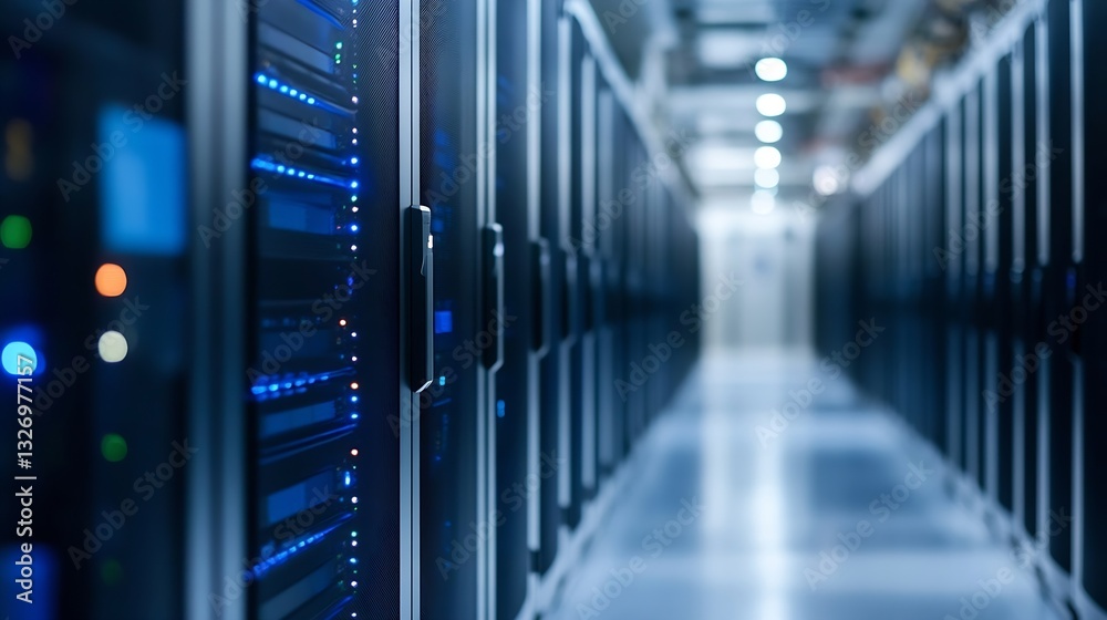 Poster Hightech server room filled with data storage equipment illuminated with blue LED lights : Generative AI