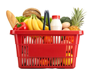 Red shopping basket overflowing with fresh groceries.