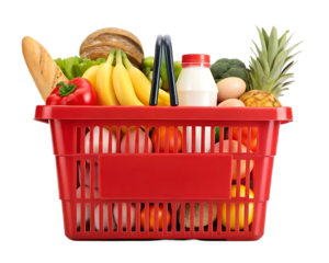Red shopping basket overflowing with fresh groceries.