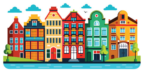 Colorful and bright Amsterdam, dutch city s houses set on white background