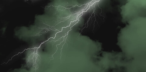 Thunder, lightnings and rain on a stormy summer night in black and white. Lightning bolts in the sky at night. Lightning on the sky with stormy clouds .