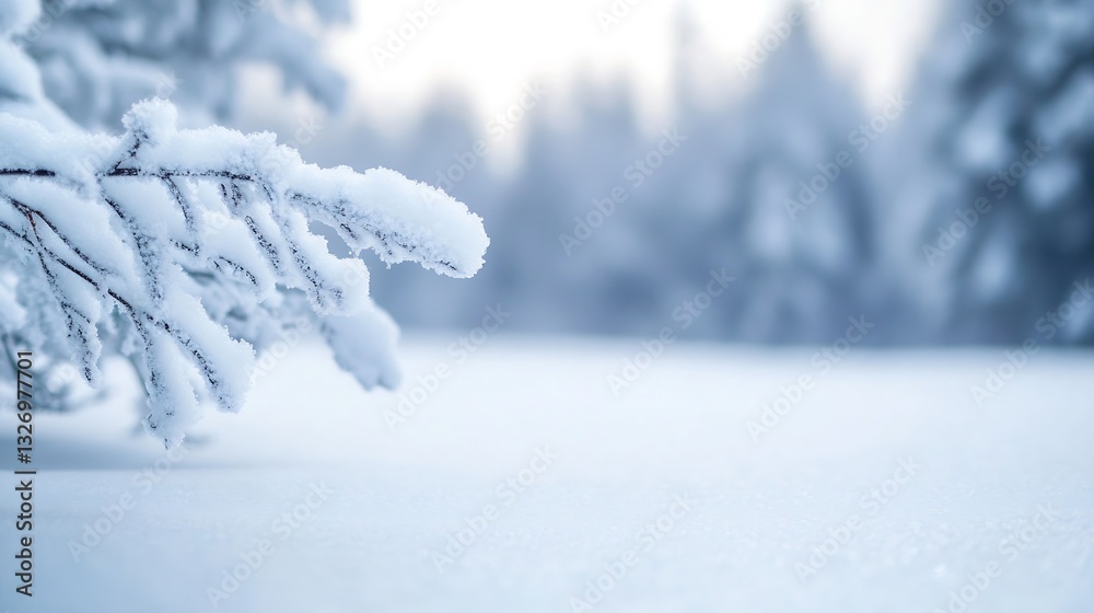 Poster snowcovered branch in a tranquil winter landscape showcasing a serene and peaceful cold environment 