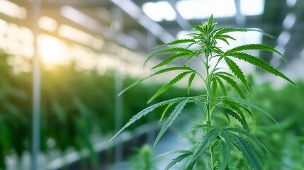 Obraz premium Vibrant cannabis plant growing indoors in a well lit greenhouse environment : Generative AI