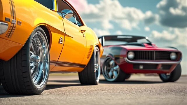 Vintage muscle cars showcased under a clear blue sky during a thrilling automotive event in a sunny outdoor location