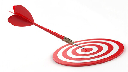 Red dart flying towards a red and white target on a white background. Concept of precision, accuracy, goal setting, and business success. 3D Rendering