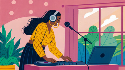 Young Woman DJ Mixing Music at Home – Creative Audio Production Illustration