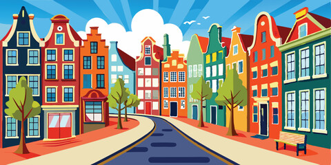 Colorful and bright Amsterdam, dutch city s houses set on white background