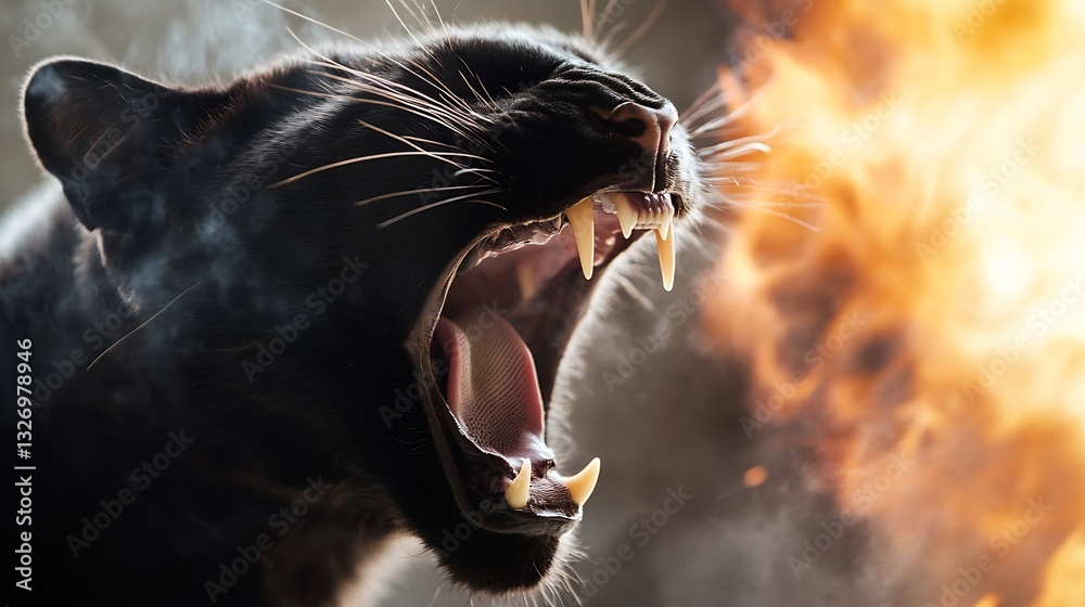 Poster Panther roaring fiercely with intense expression and sharp teeth amidst smoky background : Generative AI