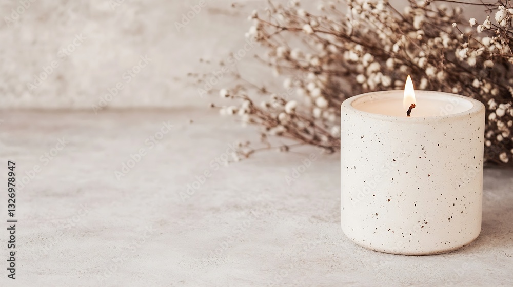 Aufkleber A calming candle lit on a neutral surface with delicate flowers adding a touch of elegance : Generative AI