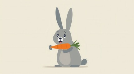 Happy cartoon rabbit holding carrot on plain background