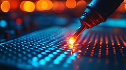Close-up of a glowing tip touching a metallic surface with a grid pattern, illuminated with vibrant blue and orange lights.