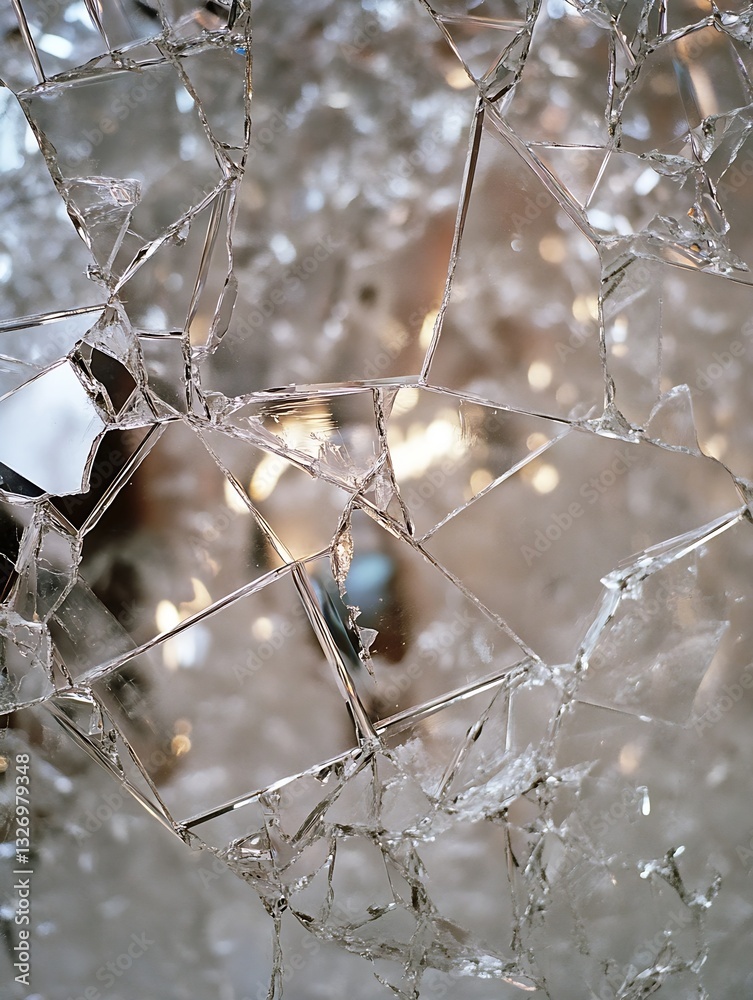 Aufkleber Close up view of shattered glass with sparkling reflections and intricate patterns creating a stunning visual effect : Generative AI