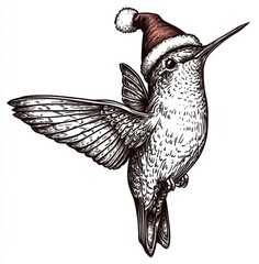 Obraz premium Hummingbird in Santa Hat Detailed Ink Illustration