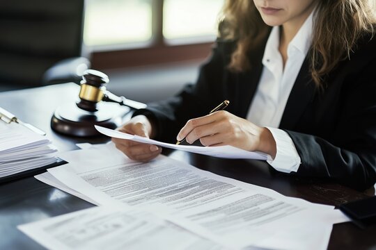 Lawyer reviewing legal documents and taking notes in office with gavel