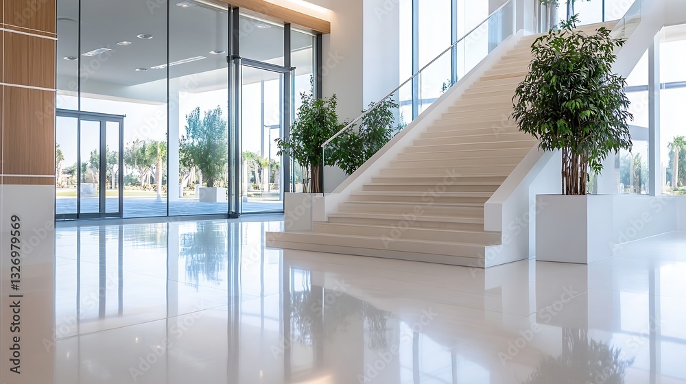 Poster Modern lobby with sleek stairs and large glass windows showcasing a bright and inviting atmosphere : Generative AI