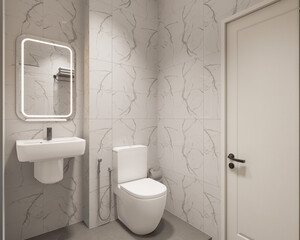 3D Render Modern minimalist white bathroom interior with shower, toilet, washbasin and mirror.