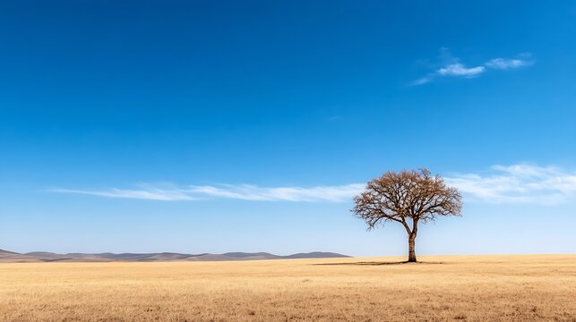 Lonely tree standing in a vast golden field under a clear blue sky : Generative AI