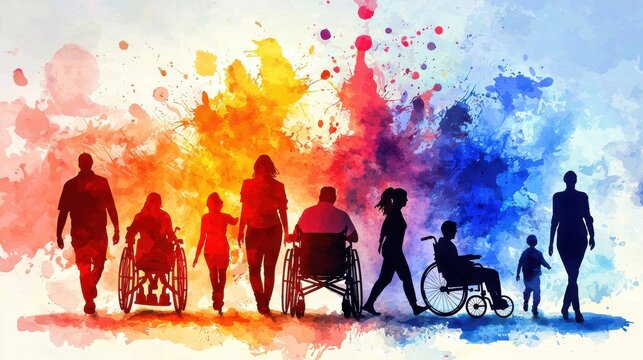 A diverse group of people representing different ages abilities and lifestyles coming together in a vibrant colorful outdoor setting showcasing inclusivity accessibility and a sense of