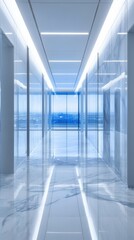 Obraz premium Serene modern corridor with marble walls and reflective floor leading to a bright cityscape view creating a sense of openness and sophistication