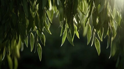 Sunlight filtering through hanging leaves, garden setting