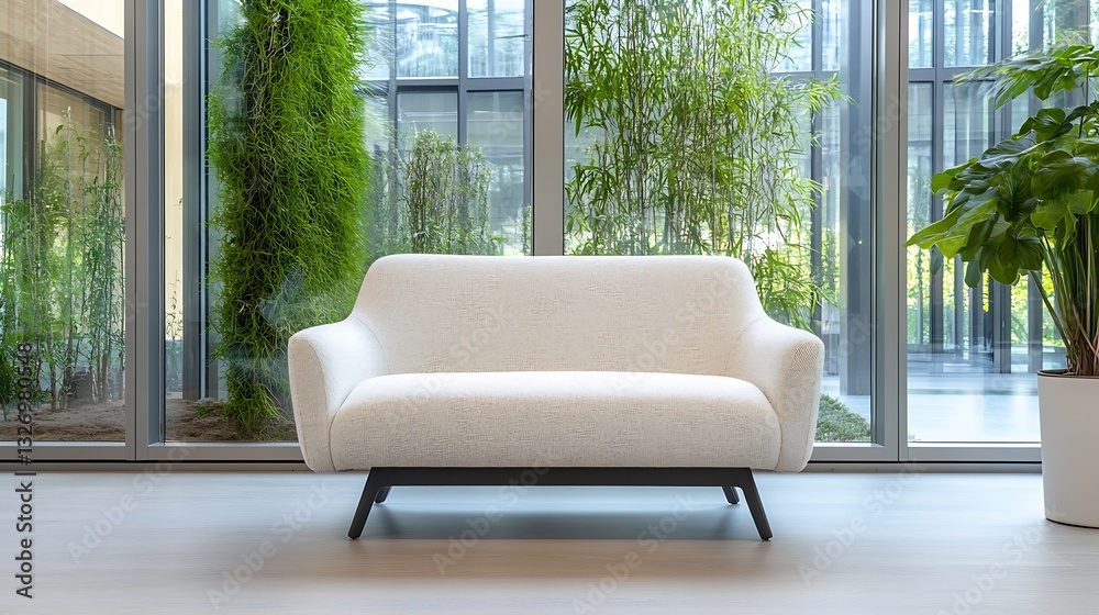 Poster modern minimalist sofa in a bright indoor space surrounded by greenery : generative ai