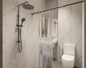3D Render Modern minimalist white bathroom interior with shower, toilet, washbasin and mirror.