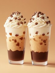 Two tall glasses of layered mocha coffee drink with whipped cream and chocolate chips on a tan background