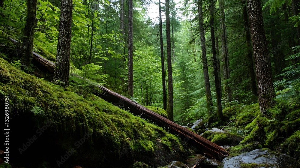 Poster lush green forest with moss covered rocks and tall trees creating a serene natural environment : gen