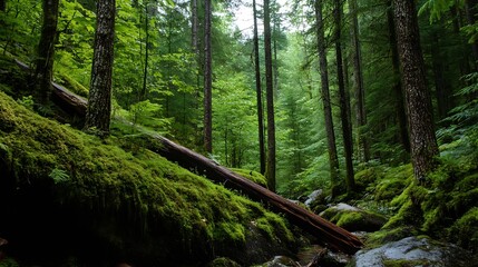 Lush green forest with moss covered rocks and tall trees creating a serene natural environment : Generative AI