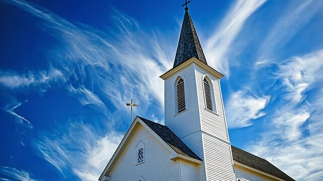 Beautiful church architecture with tall steeple under blue sky and clouds, showcasing historic building with cross that inspires religious serenity.