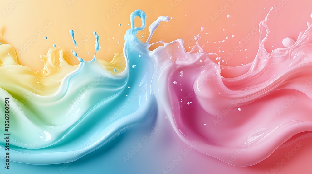 Poster colorful liquid waves in pastel rainbow colors with dynamic splashes and smooth flowing motion creat