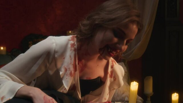 Blood-smeared vampire woman with sinister smile leaning over unconscious man amidst candlelight