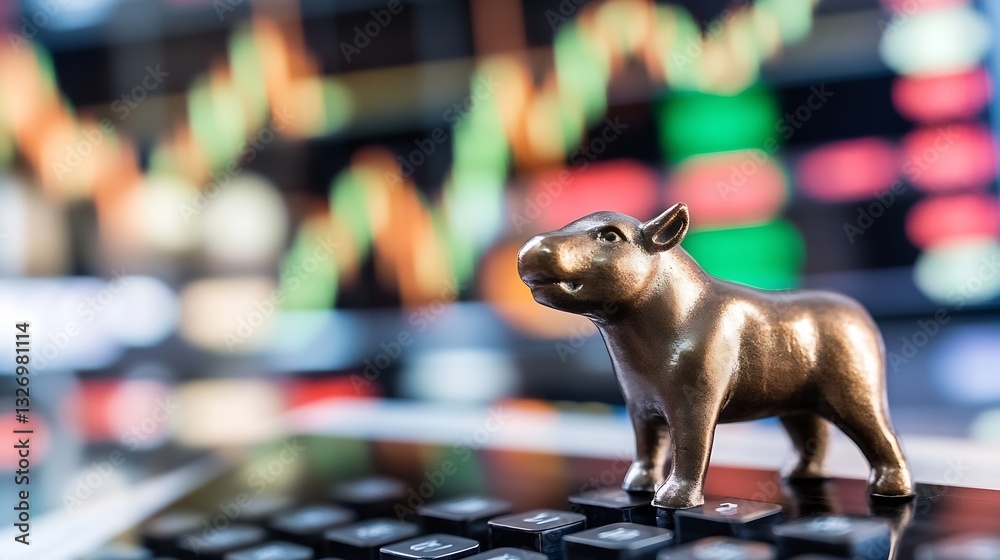 Leinwandbilder bronze figurine of a hippo on a calculator with stock market graphs in the background : generative a