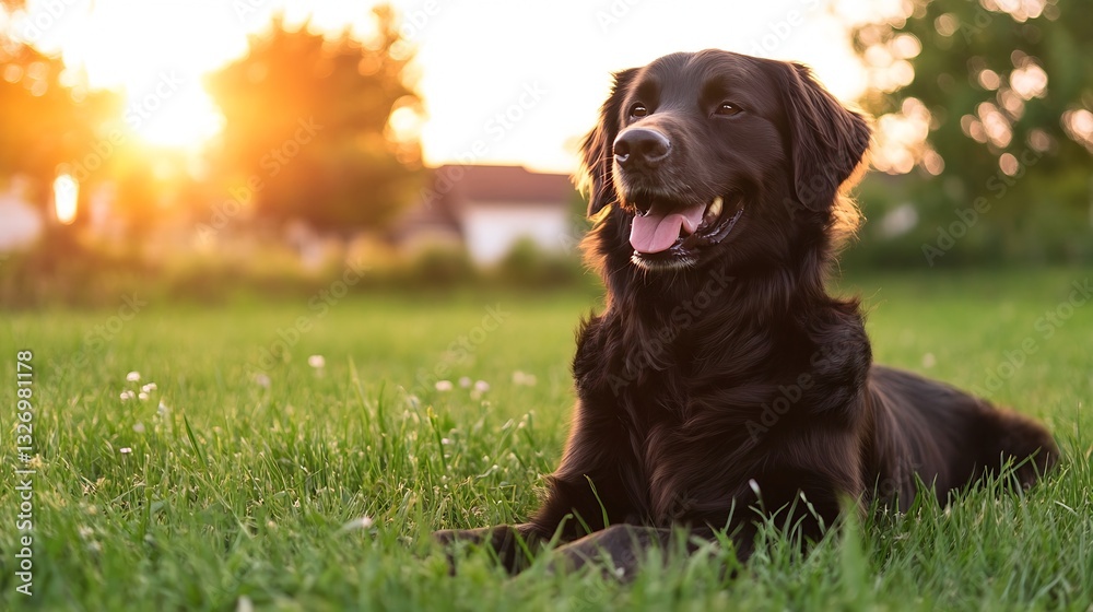 Poster Happy black dog lounging in a green yard with sunlight creating a warm and inviting atmosphere : Generative AI
