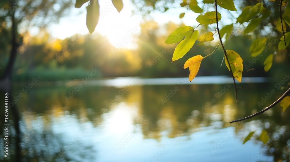 Poster golden leaves floating on the water in a picturesque setting during sunset reflection : generative a