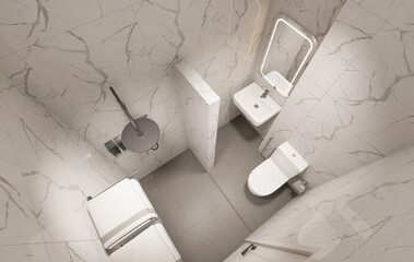 3D Render Modern minimalist white bathroom interior with shower, toilet, washbasin and mirror.