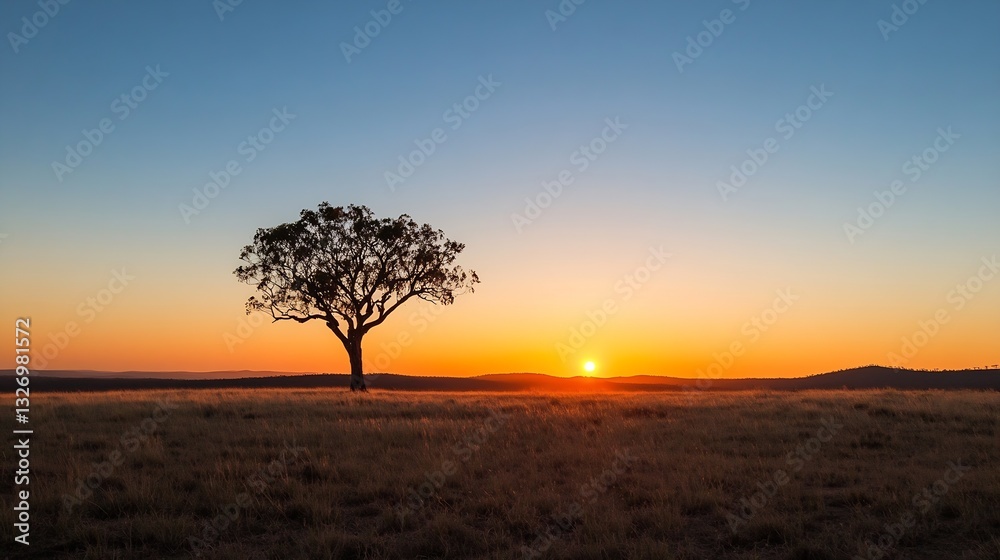 Poster stunning sunset behind a solitary tree in an open field surrounded by hills : generative ai