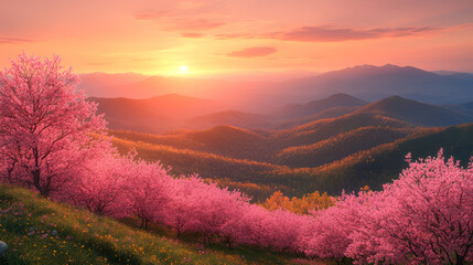 Sunrise Landscape with Pink Clouds and Mountains
