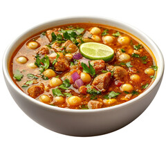 A Bowl of Mexican Pozole Hominy Soup with Pork and C Isolated on Transparent Background