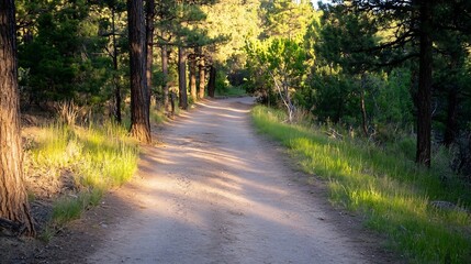 Obraz premium A peaceful dirt path winding through a sunlit forest surrounded by lush greenery : Generative AI