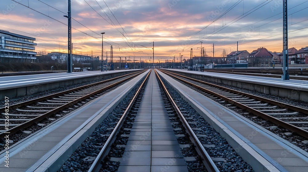Poster expansive view of railway tracks leading into the sunset creating a dramatic transport landscape : g