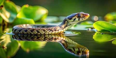 Obraz premium Grass Snake on Water Lilies: Aquatic Reptile in Natural Habitat