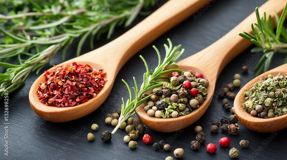 Poster aromatic spices displayed in wooden spoons with vibrant herbs on a dark background for culinary insp