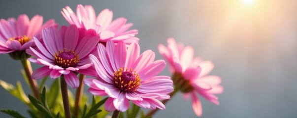 Obraz premium Sunlit pink cornflowers in spring bouquet, gray background, summer, fresh