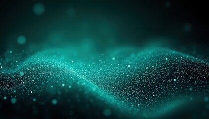 Abstract turquoise wave background with shimmering particles and glowing dots creating a dreamy and ethereal atmosphere in a digital space